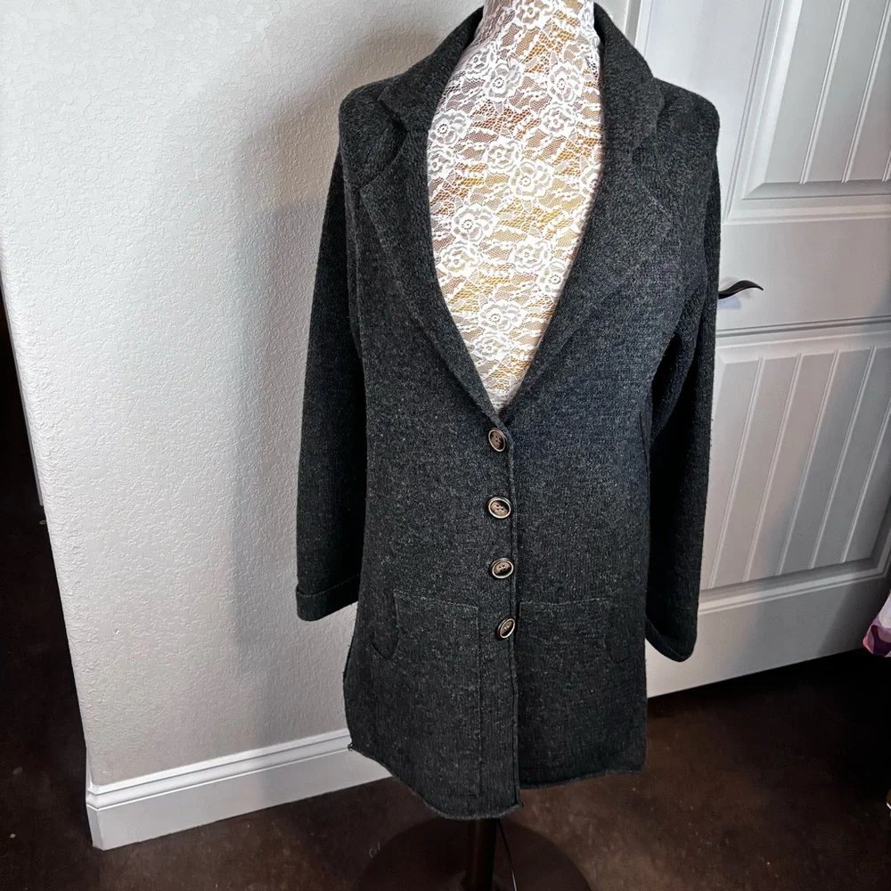 Women's Charcoal Gray Blazer‎ Long Line Cardigan  Wool Sweater